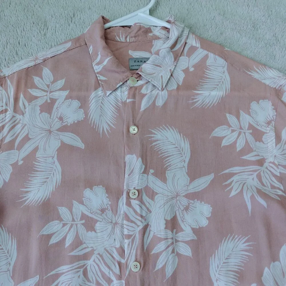 Zara Hawaiian Shirt Men's M Pink Tropical Floral Relaxed Fit Viscose Lightweight